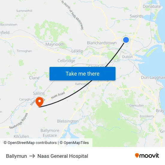 Ballymun to Naas General Hospital map