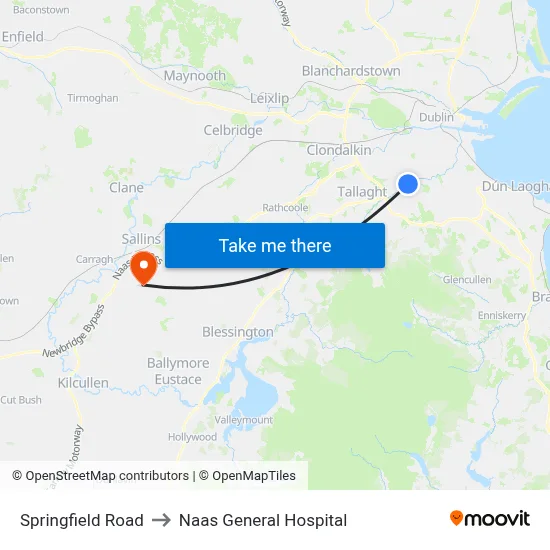 Springfield Road to Naas General Hospital map