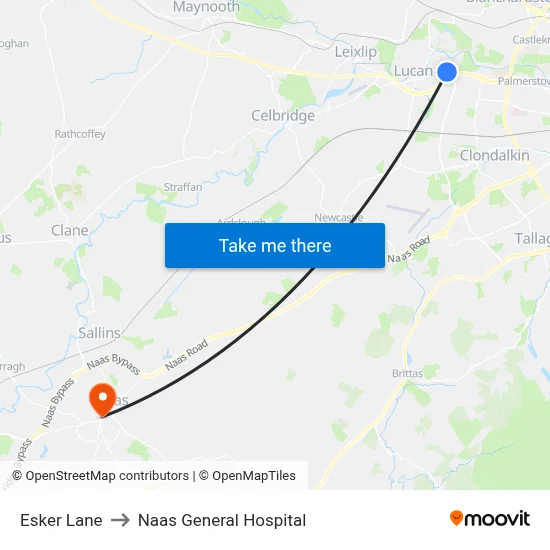 Esker Lane to Naas General Hospital map