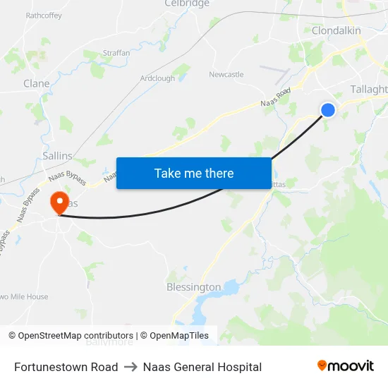 Fortunestown Road to Naas General Hospital map