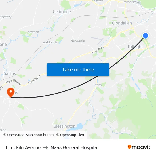 Limekiln Avenue to Naas General Hospital map