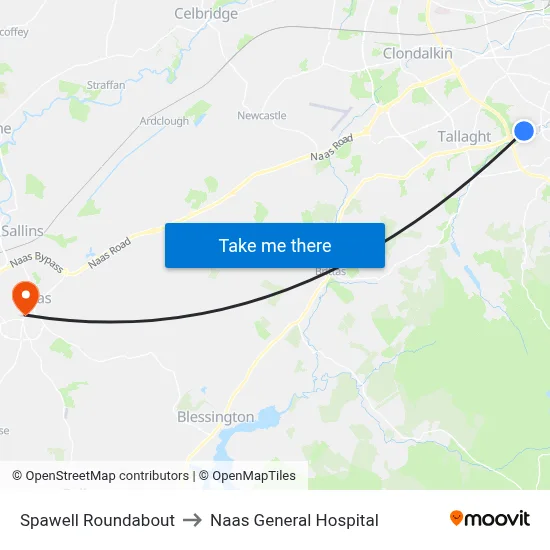 Spawell Roundabout to Naas General Hospital map