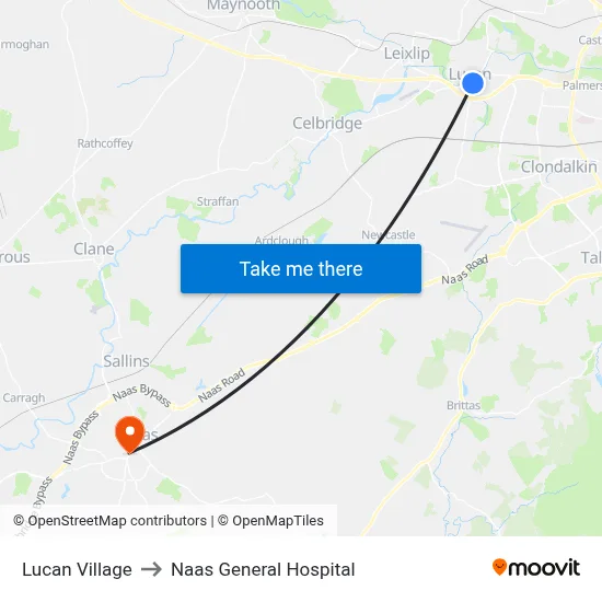 Lucan Village to Naas General Hospital map