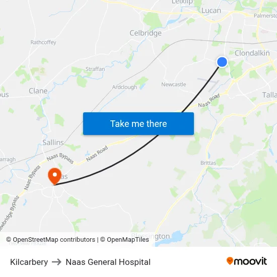 Kilcarbery to Naas General Hospital map