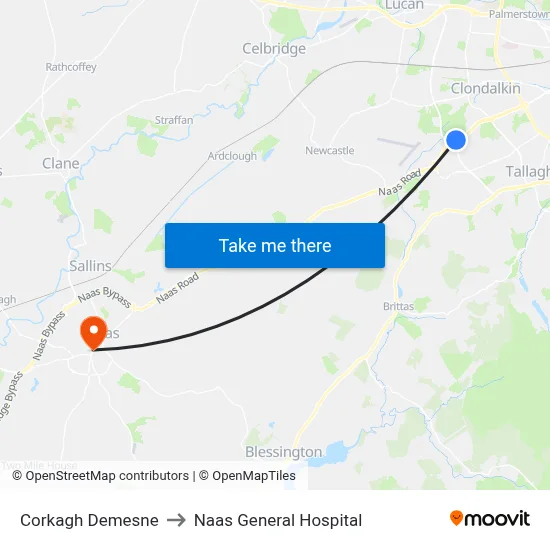 Corkagh Demesne to Naas General Hospital map