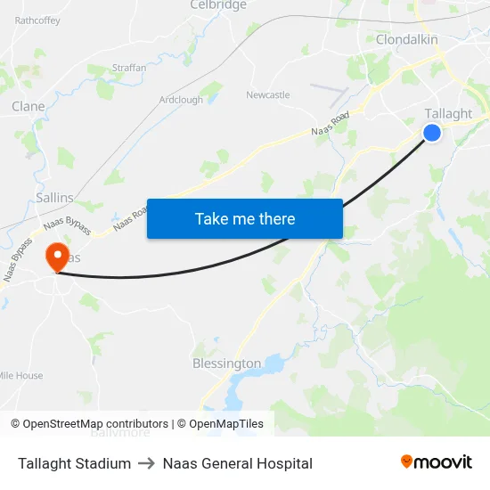 Tallaght Stadium to Naas General Hospital map