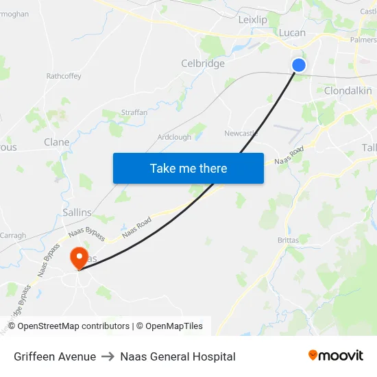 Griffeen Avenue to Naas General Hospital map