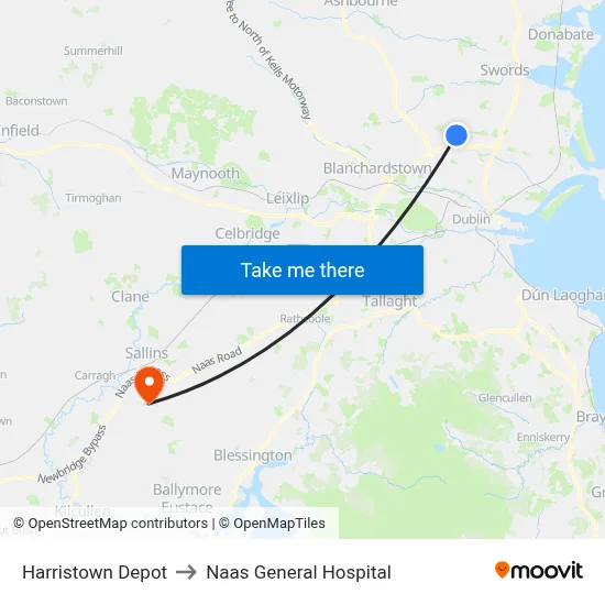 Harristown Depot to Naas General Hospital map