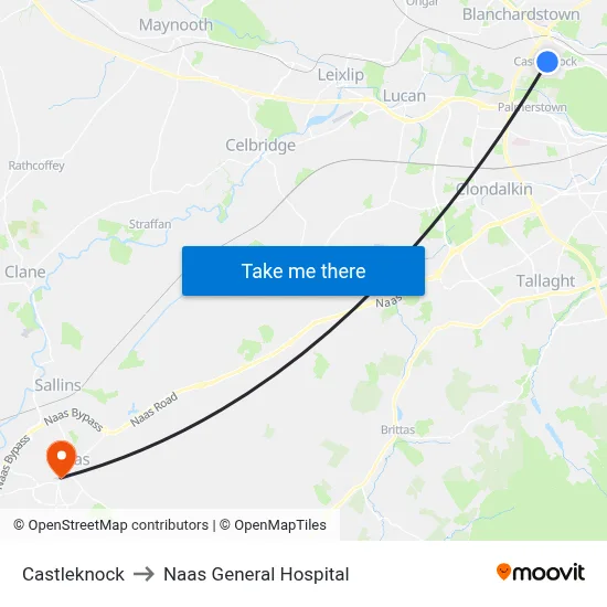 Castleknock to Naas General Hospital map