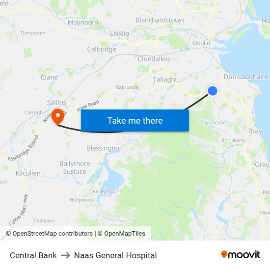 Central Bank to Naas General Hospital map