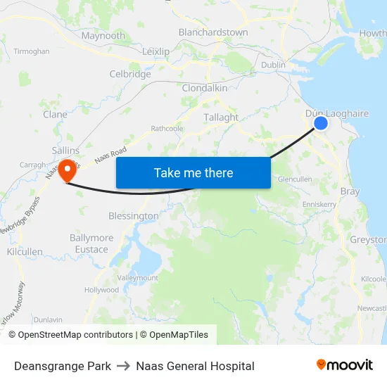 Deansgrange Park to Naas General Hospital map