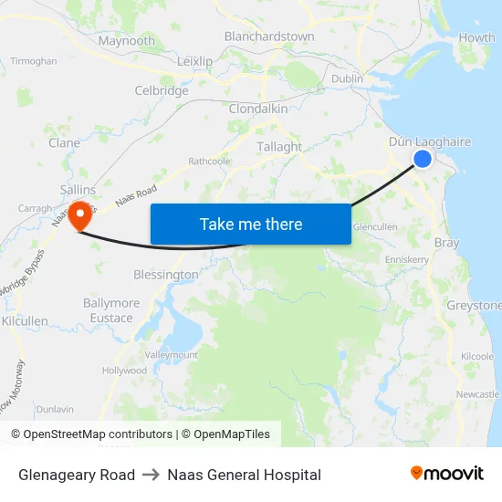 Glenageary Road to Naas General Hospital map