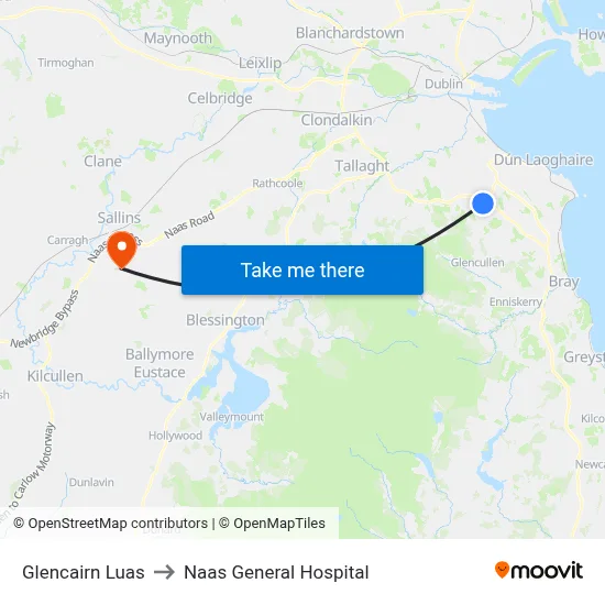 Glencairn Luas to Naas General Hospital map