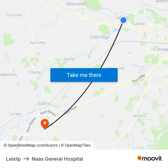 Leixlip to Naas General Hospital map
