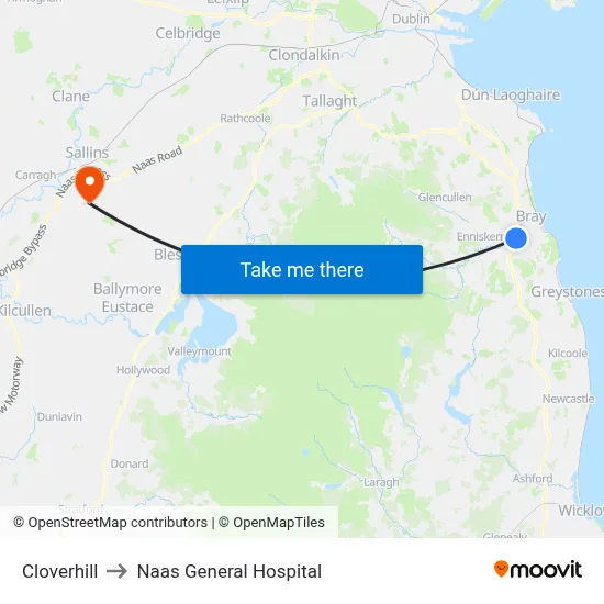 Cloverhill to Naas General Hospital map
