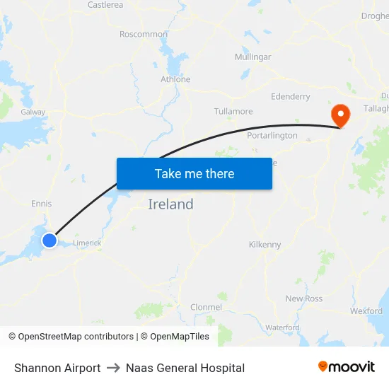 Shannon Airport to Naas General Hospital map
