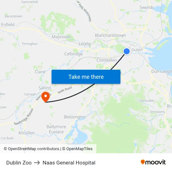Dublin Zoo to Naas General Hospital map