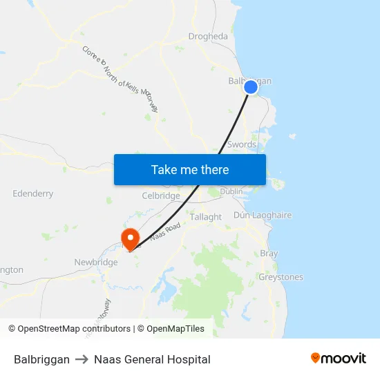 Balbriggan to Naas General Hospital map