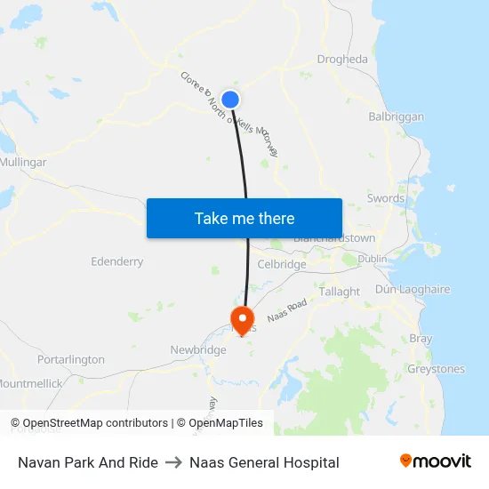 Navan Park And Ride to Naas General Hospital map