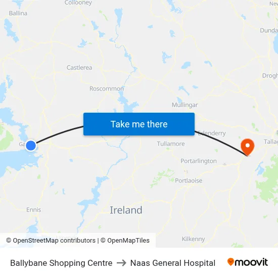 Ballybane Shopping Centre to Naas General Hospital map