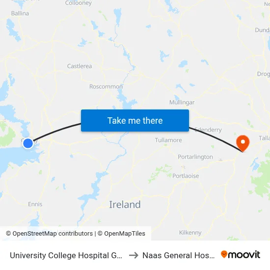 University College Hospital Galway to Naas General Hospital map