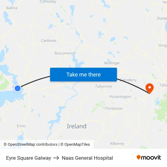 Eyre Square Galway to Naas General Hospital map