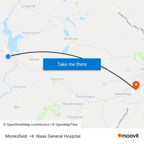 Monksfield to Naas General Hospital map