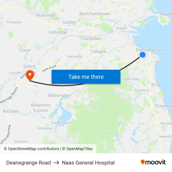 Deansgrange Road to Naas General Hospital map