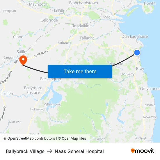 Ballybrack Village to Naas General Hospital map
