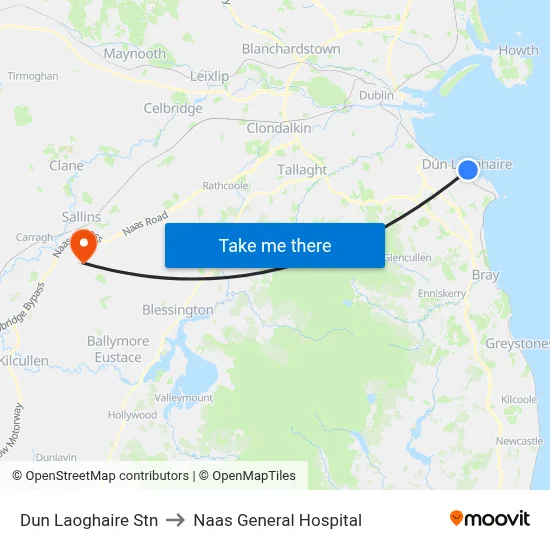 Dun Laoghaire Stn to Naas General Hospital map