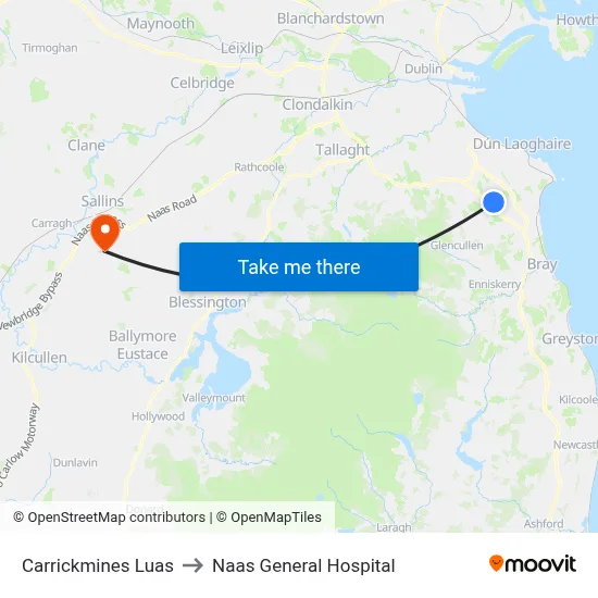 Carrickmines Luas to Naas General Hospital map
