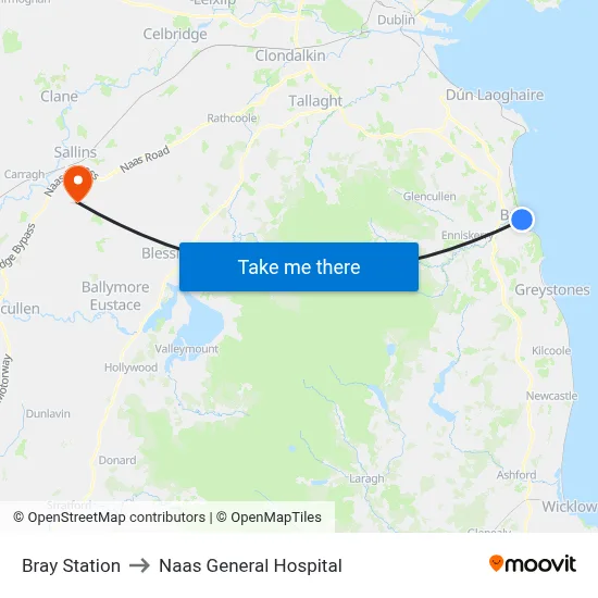 Bray Station to Naas General Hospital map