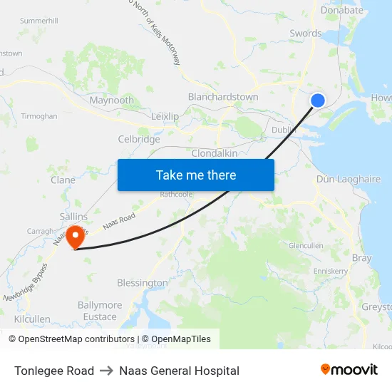 Tonlegee Road to Naas General Hospital map