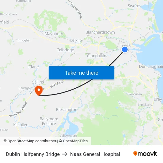 Dublin Halfpenny Bridge to Naas General Hospital map