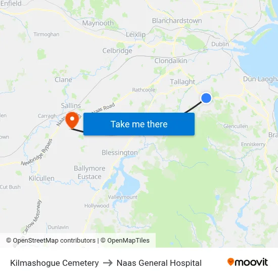 Kilmashogue Cemetery to Naas General Hospital map