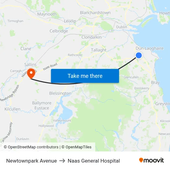Newtownpark Avenue to Naas General Hospital map