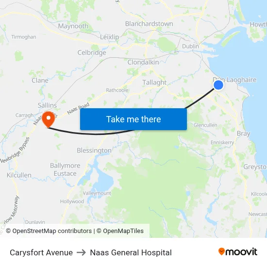 Carysfort Avenue to Naas General Hospital map