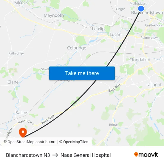 Blanchardstown N3 to Naas General Hospital map