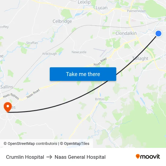 Crumlin Hospital to Naas General Hospital map