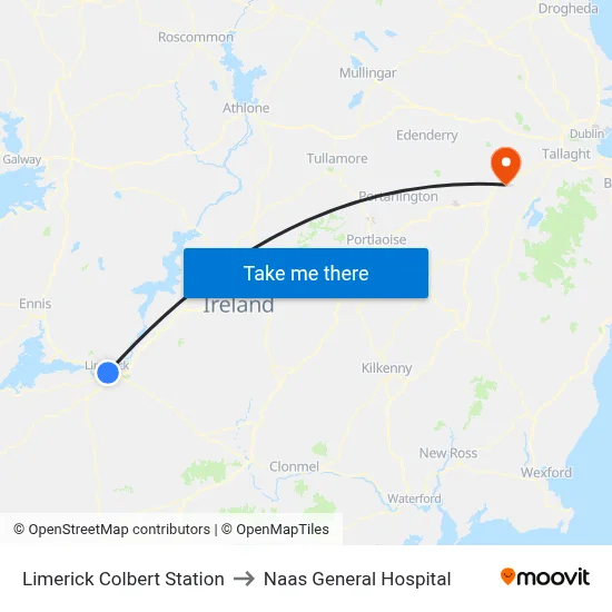 Limerick Colbert Station to Naas General Hospital map