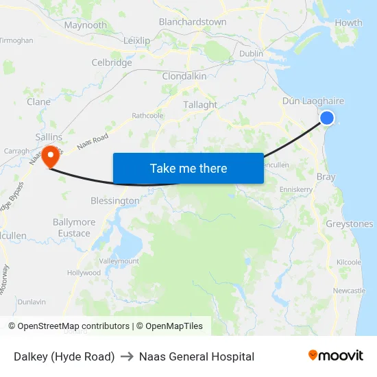 Dalkey (Hyde Road) to Naas General Hospital map