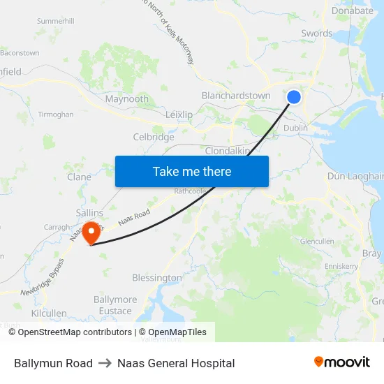 Ballymun Road to Naas General Hospital map