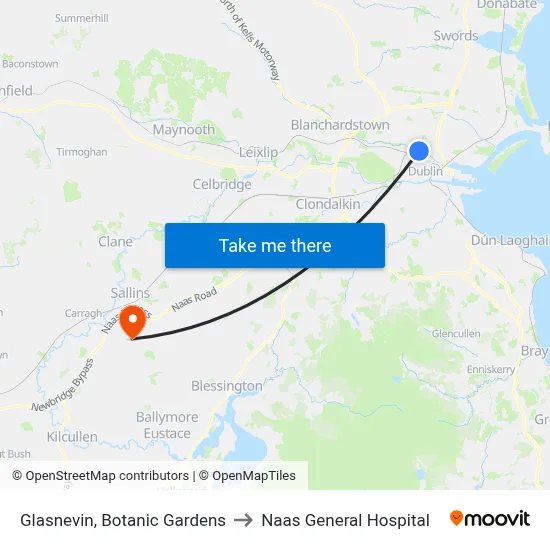 Glasnevin, Botanic Gardens to Naas General Hospital map