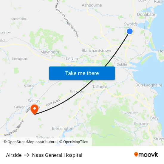 Airside to Naas General Hospital map