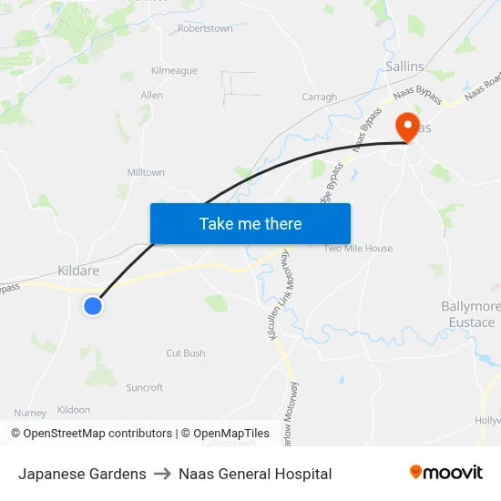 Japanese Gardens to Naas General Hospital map