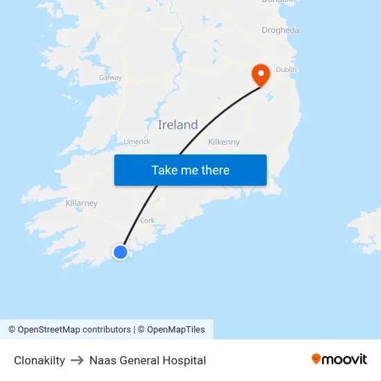 Clonakilty to Naas General Hospital map