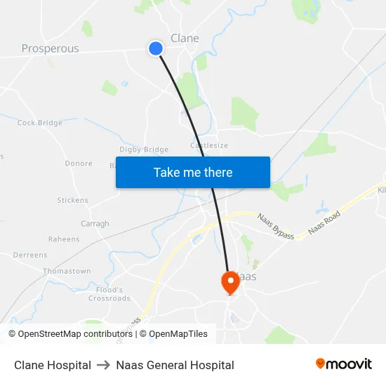 Clane Hospital to Naas General Hospital map
