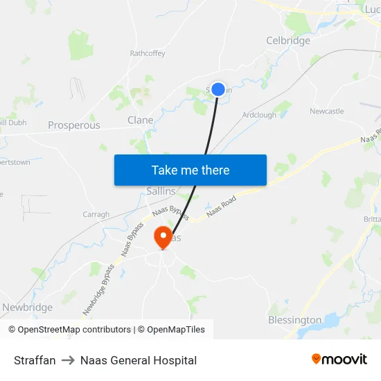 Straffan to Naas General Hospital map