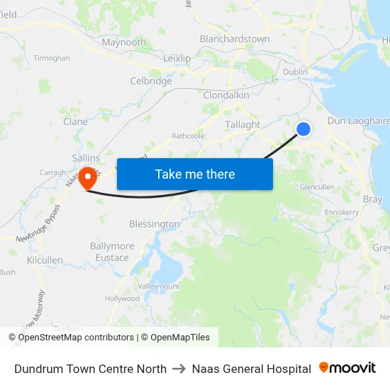 Dundrum Town Centre North to Naas General Hospital map