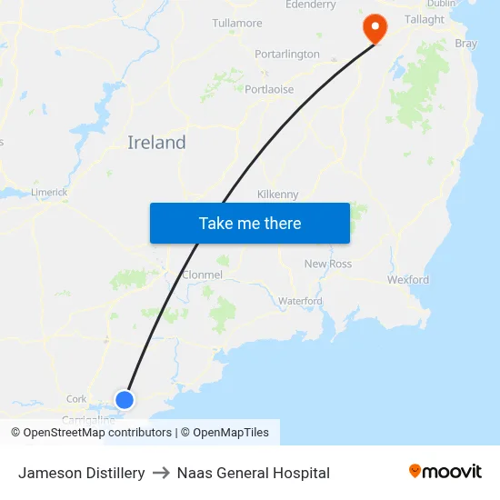 Jameson Distillery to Naas General Hospital map